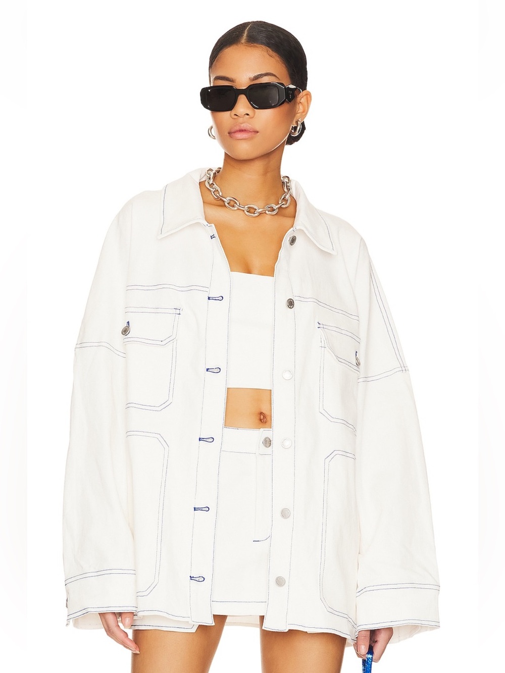 Oversized White Contrast-Stitch Jean Jacket